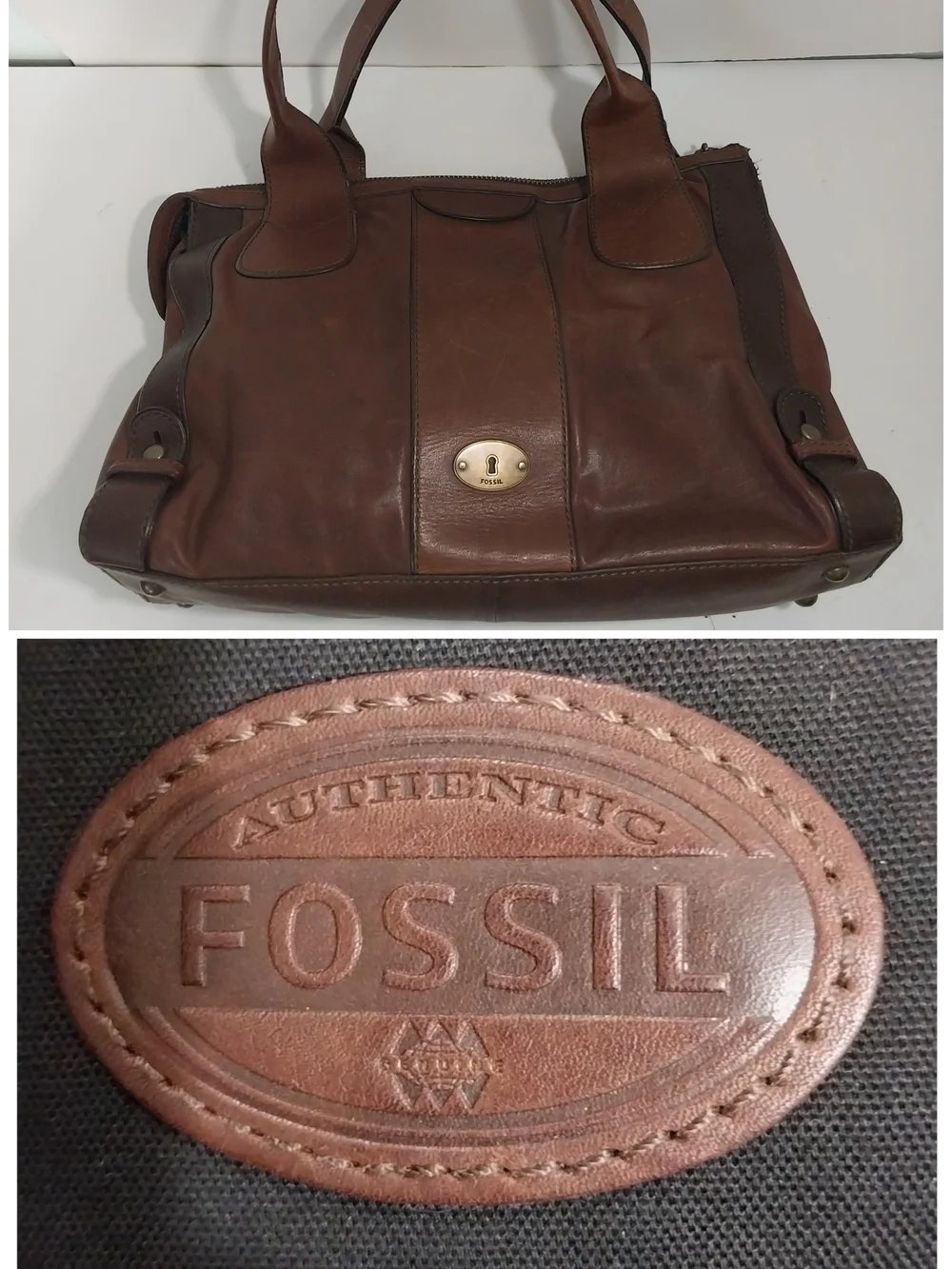 Fossil Brown Leather Unisex Satchel With Key Charm